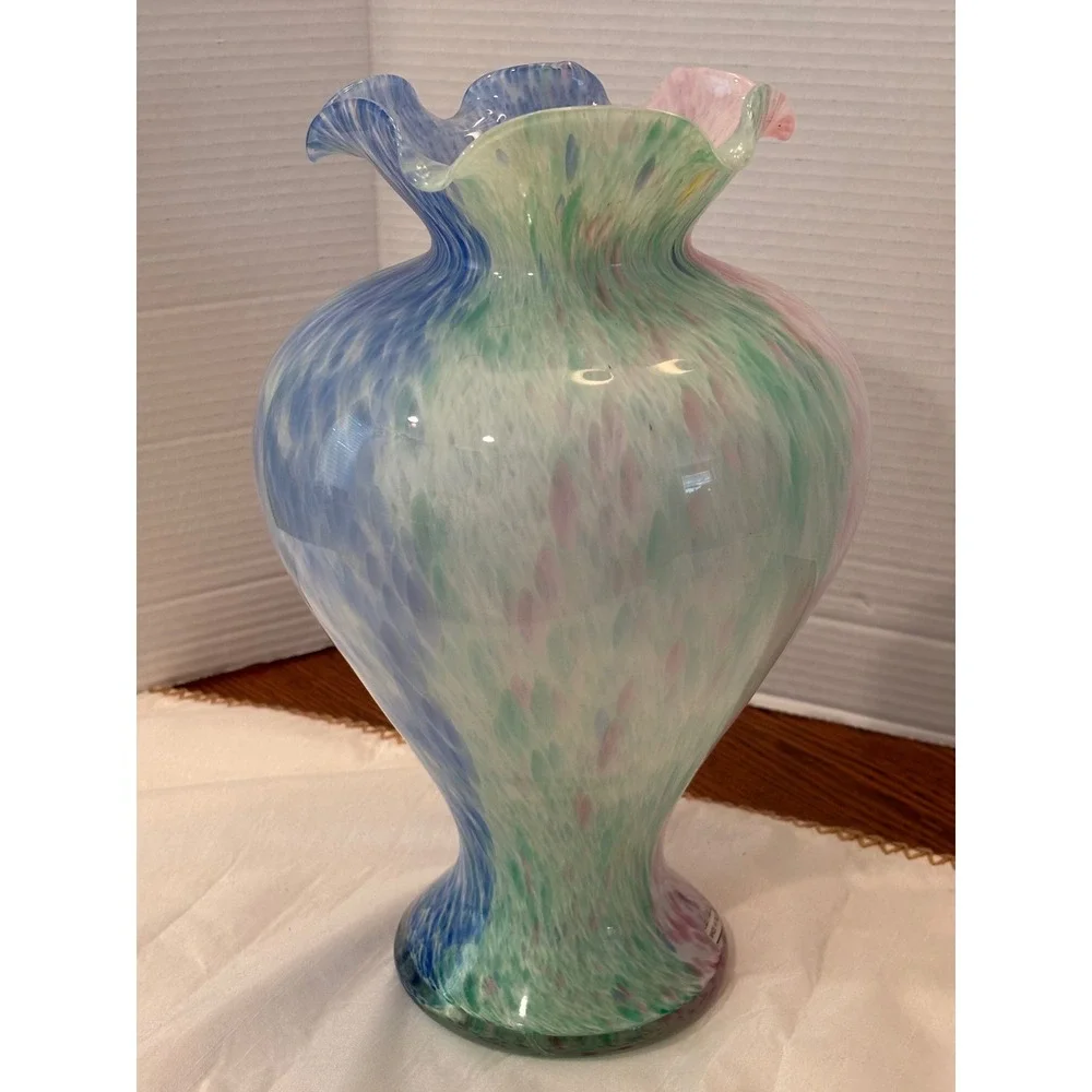 Arte Murano Glass Vase Ruffled Rim Confetti Blue Pink Green  11.75